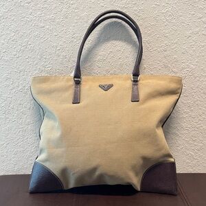 Prada Beige Canvas Tote with Brown Leather Accents